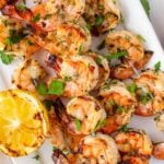 grilled shrimp marinated skewers with lemon, garlic, herbs