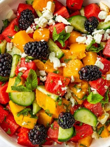 watermelon mango salad with feta and blackberries