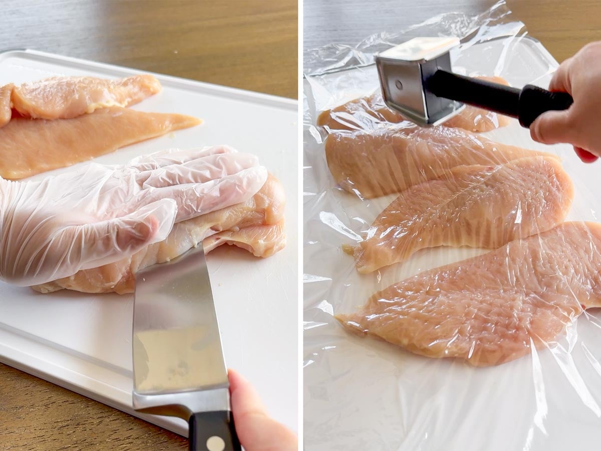 slicing chicken breasts into cutlets and pounding thin with mallet