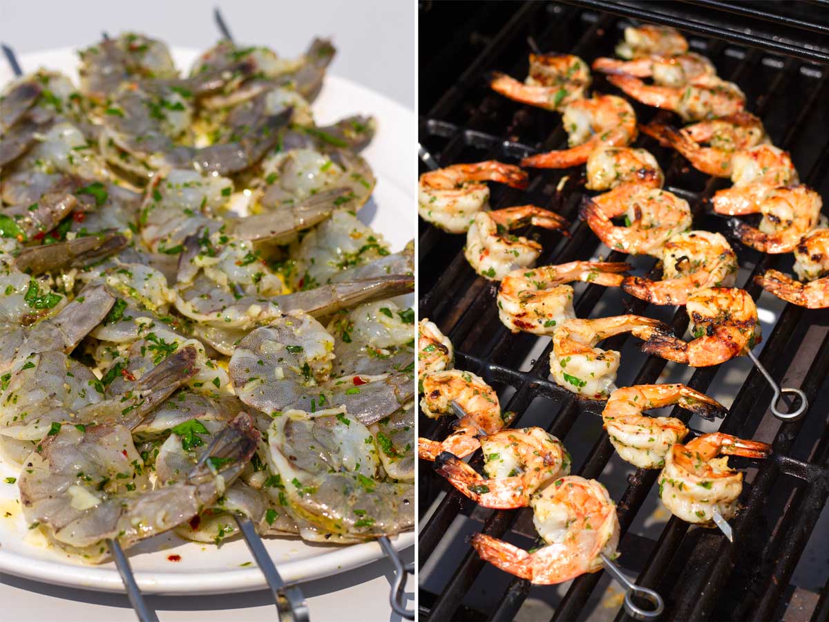 marinated shrimp on the left, grilled cooked shrimp skewers on the right