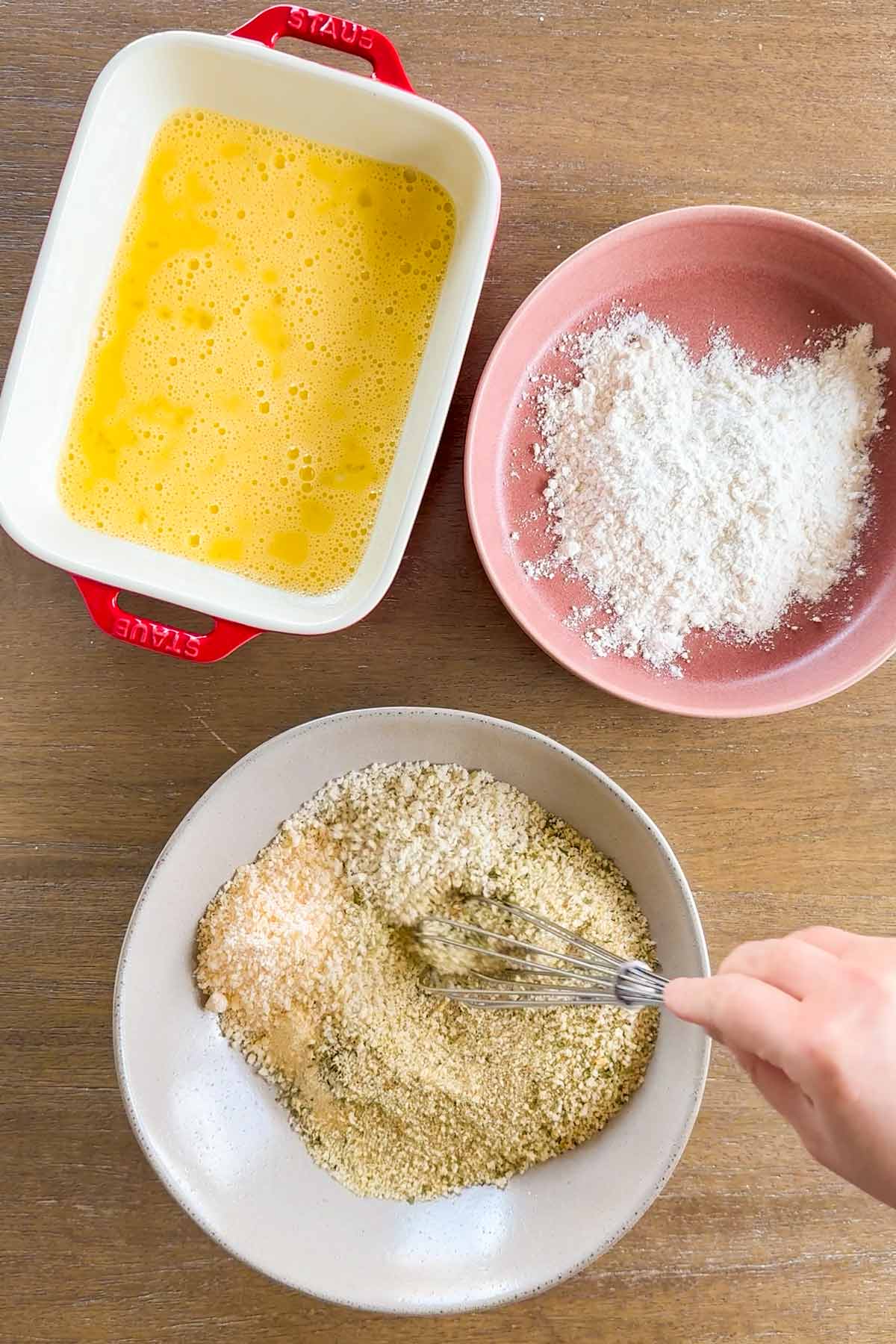 assembling three bowls for the breading station