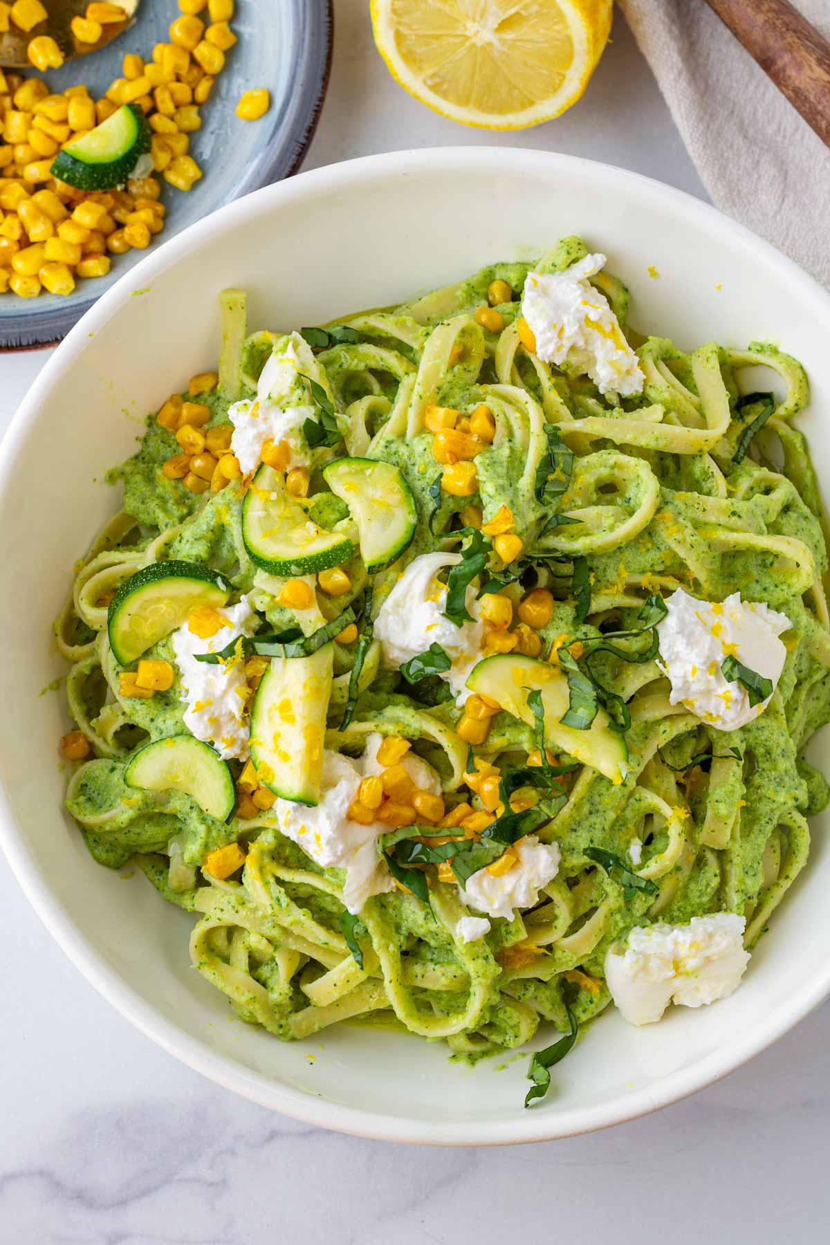bowl of creamy zucchini pasta made with fettuccine