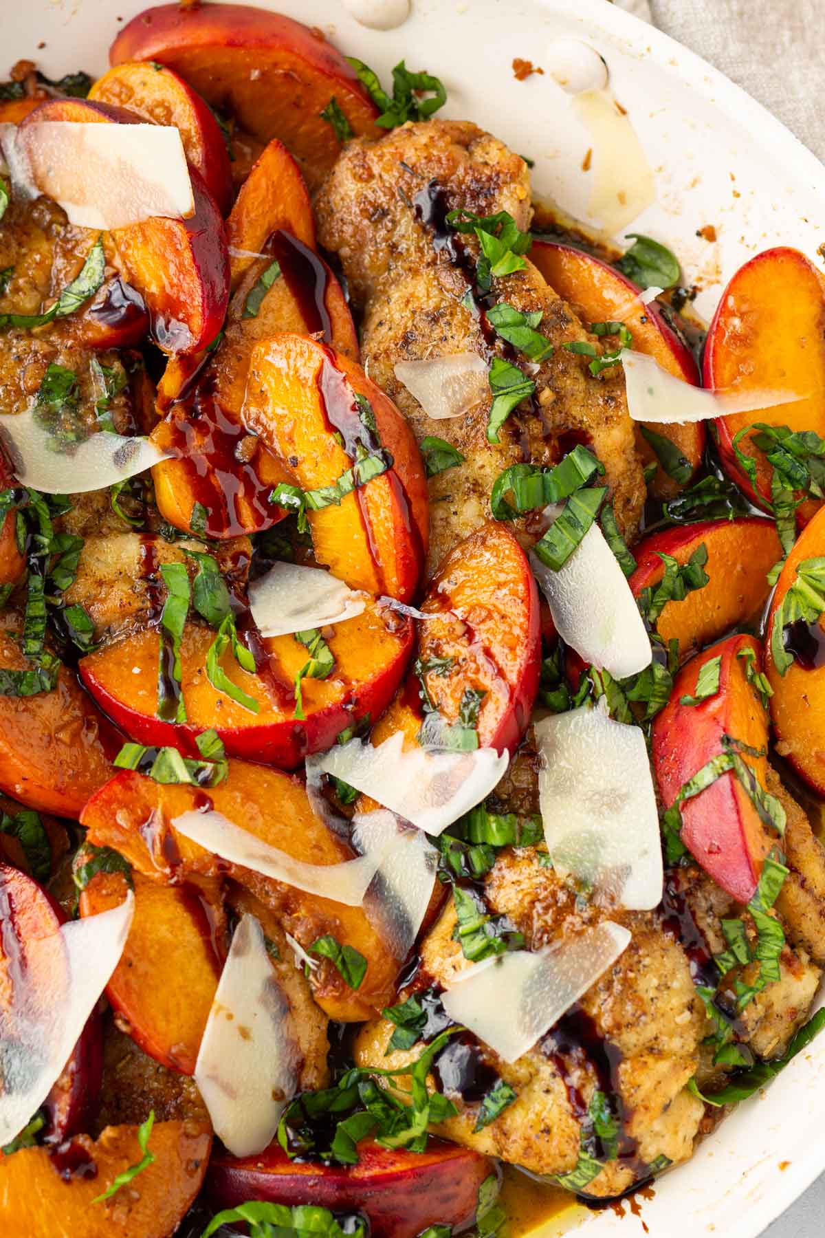 skillet balsamic peaches and chicken with basil and parmesan