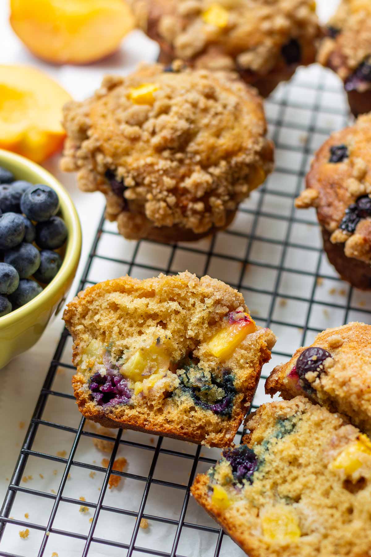 blueberry peach muffins with fresh fruit