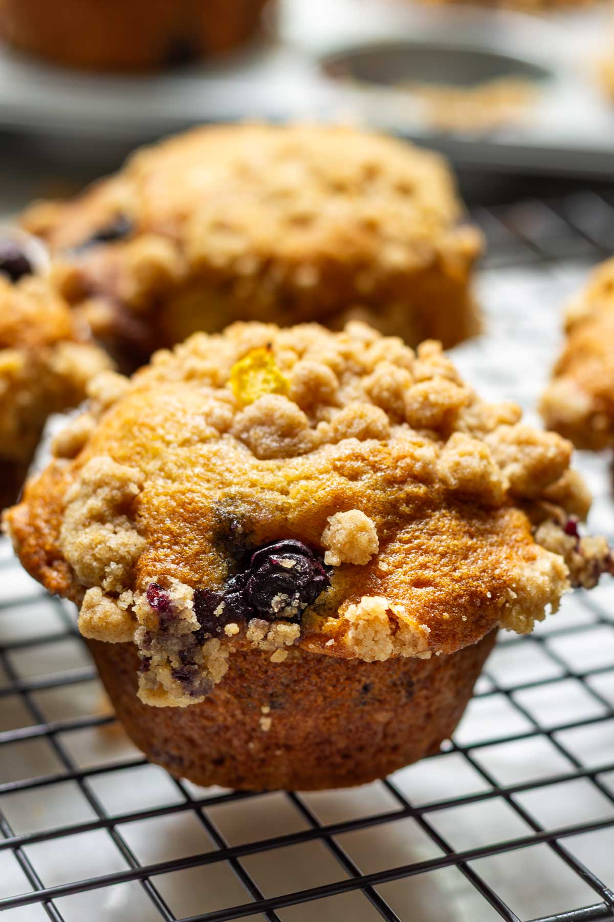 one peach blueberry muffin with brown sugar streusel topping
