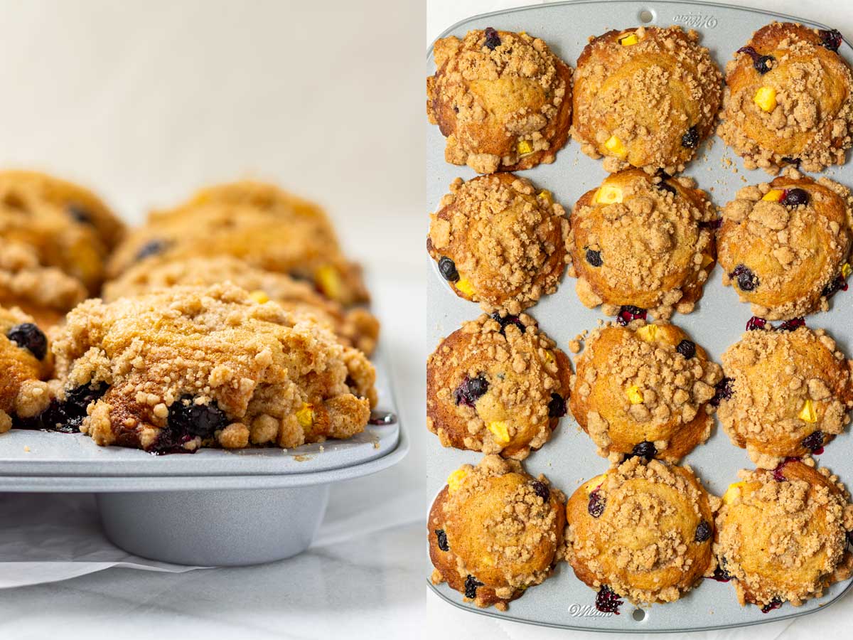 blueberry peach muffins baked tall in muffin pan