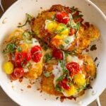 summer chicken parmesan with colorful jammy roasted cherry tomatoes
