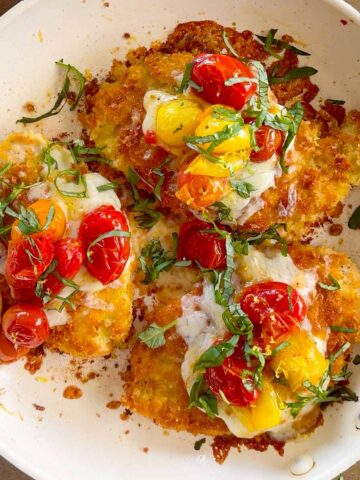 summer chicken parmesan with colorful jammy roasted cherry tomatoes