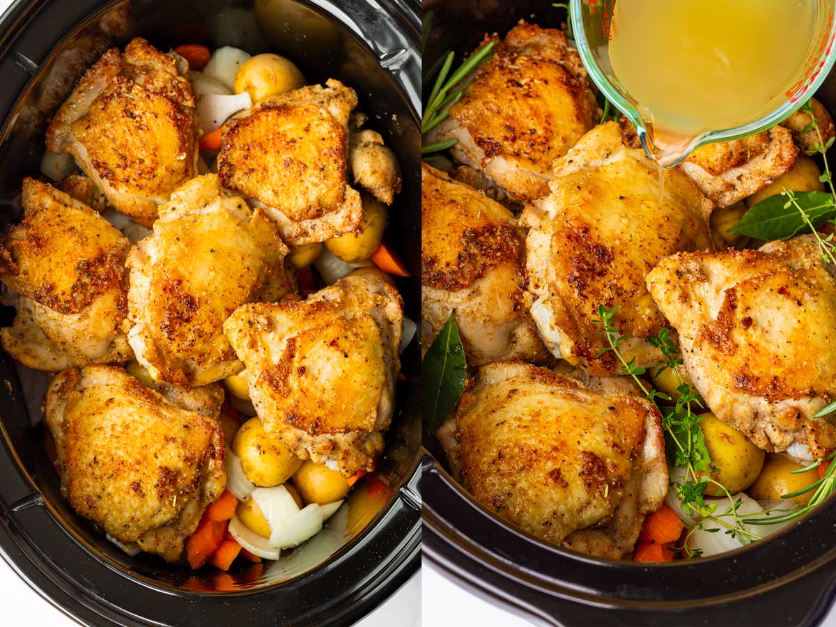 seared chicken thighs added to crockpot