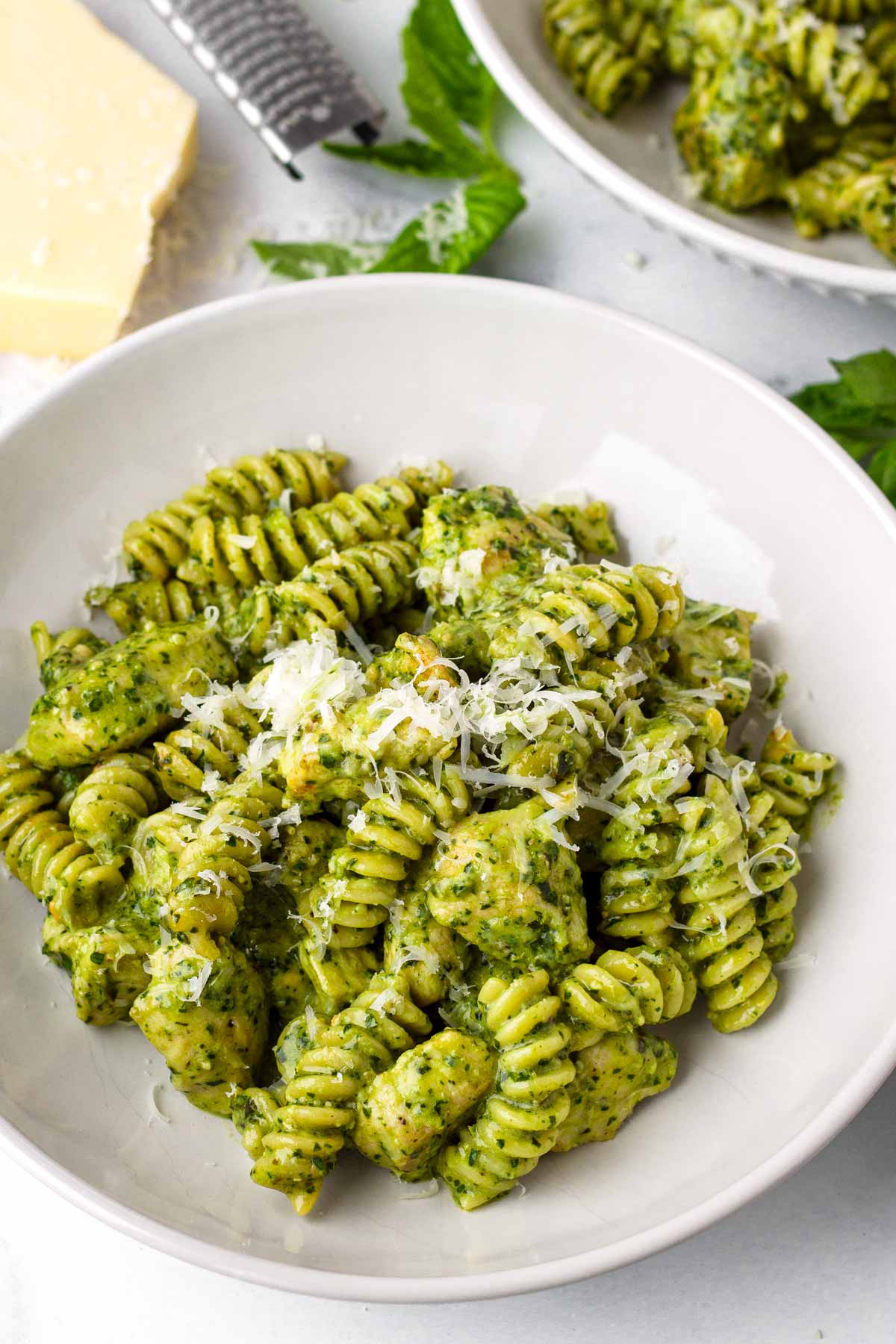 bowl of pesto pasta with chicken