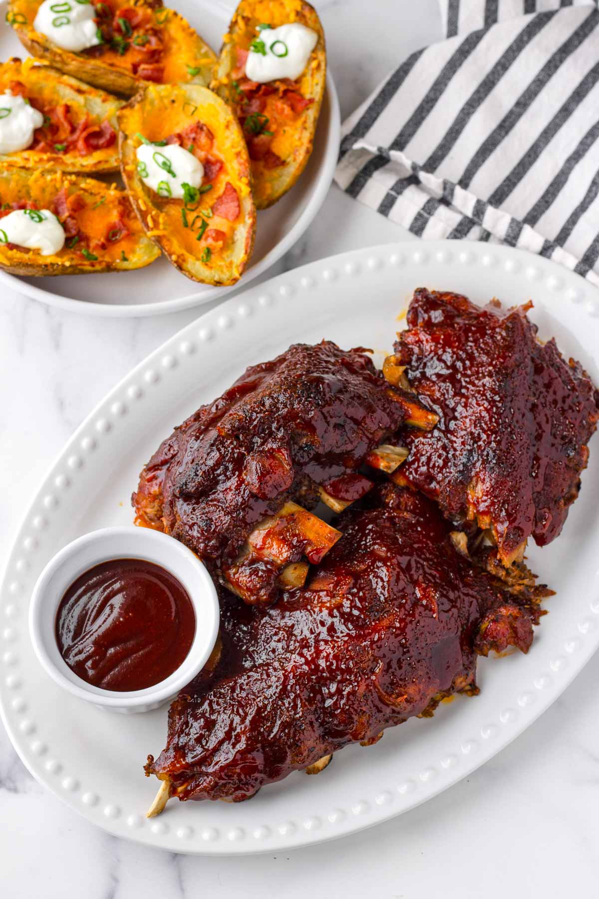 baby back ribs with loaded potato skins