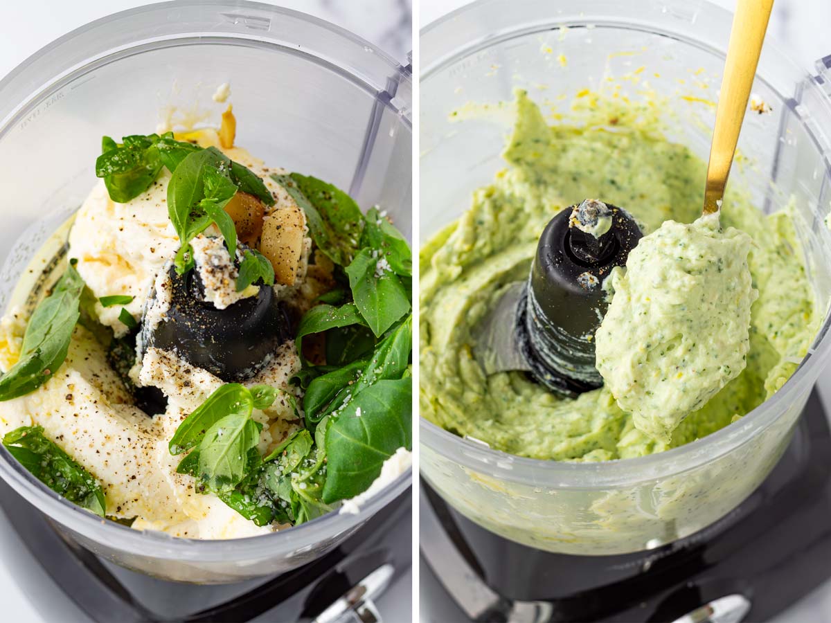 preparing the whipped basil ricotta filling in the food processor