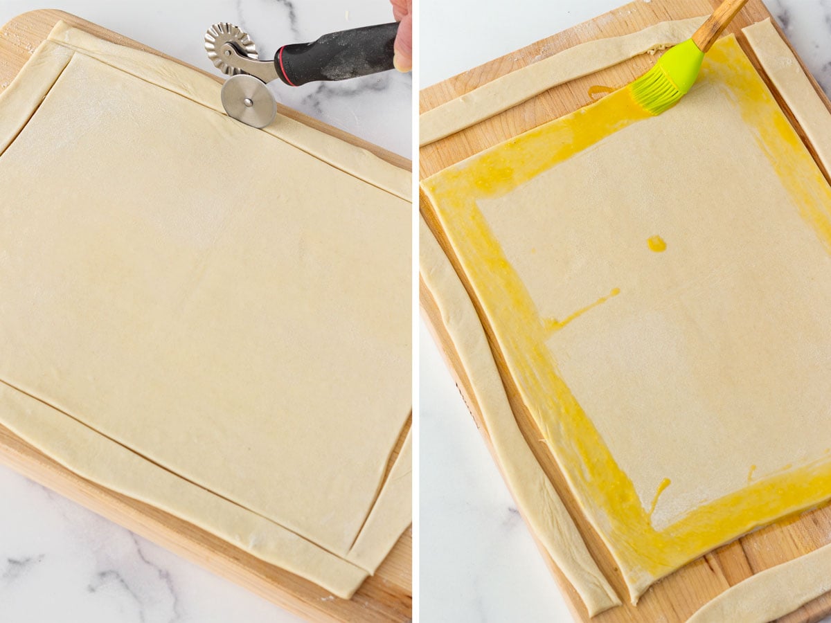 preparing the puff pastry with pastry cutter and brushing with egg wash