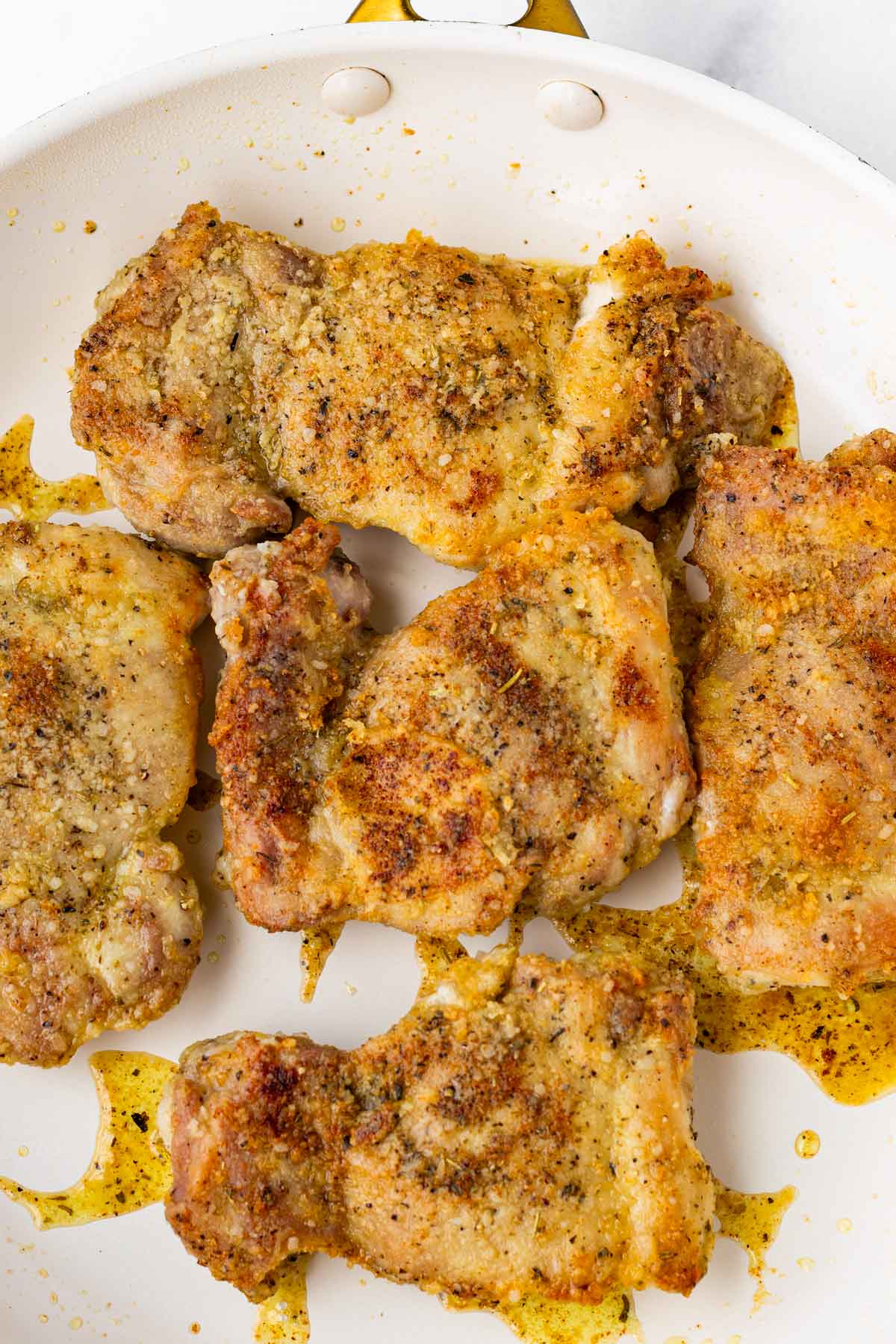 seared golden chicken thighs