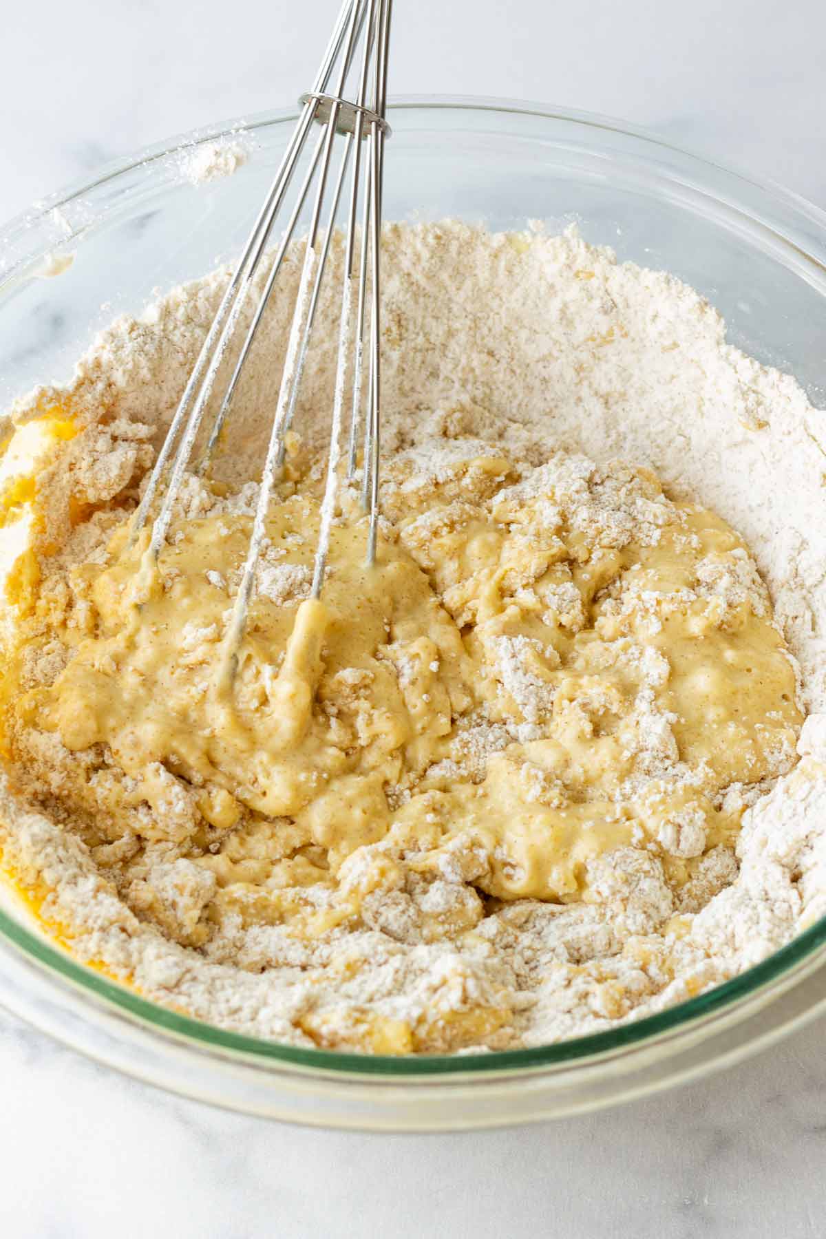 mixing dry with wet ingredients to form the batter