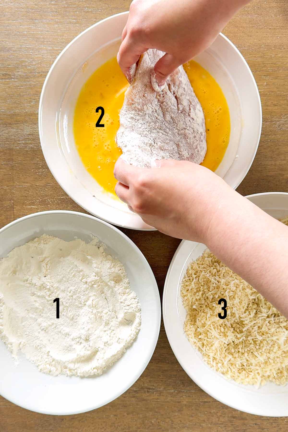 breading chicken cutlets on flour, egg, and breadcrumbs