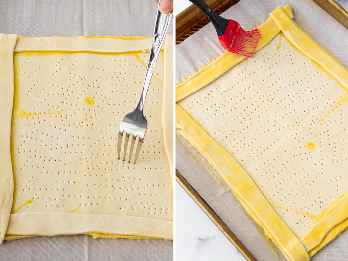 poking holes in the center of the prepared puff pastry before par-baking
