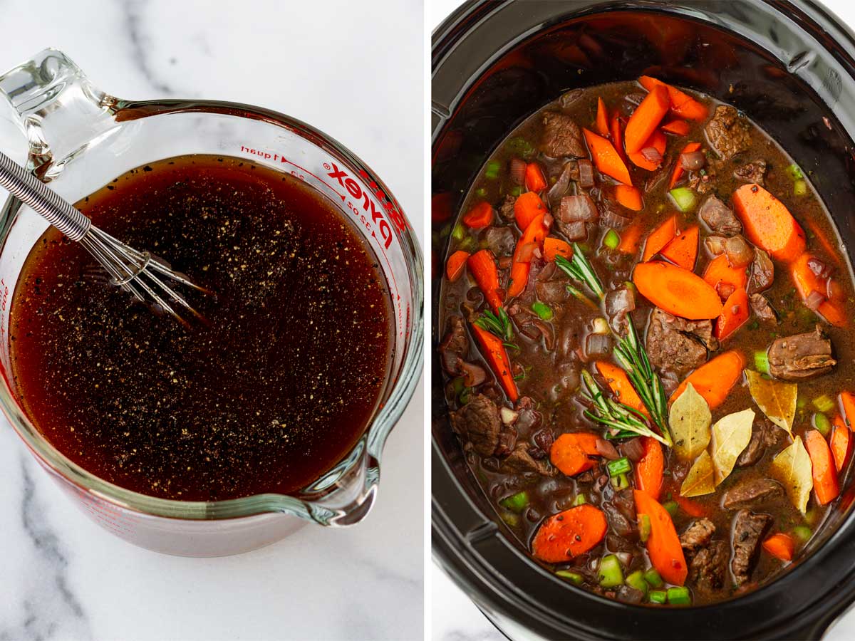 adding liquid and herbs to the slow cooker beef stew