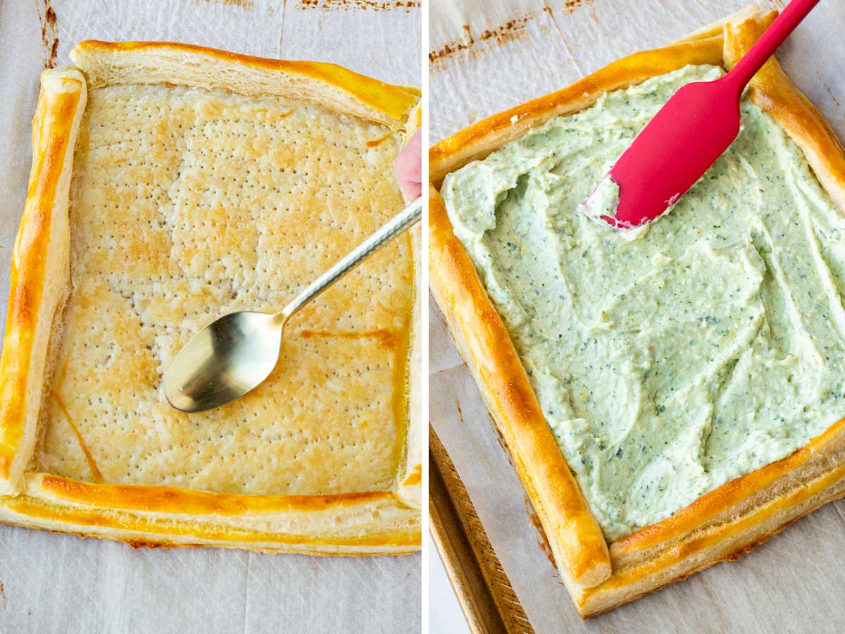 adding ricotta filling into center of the tart