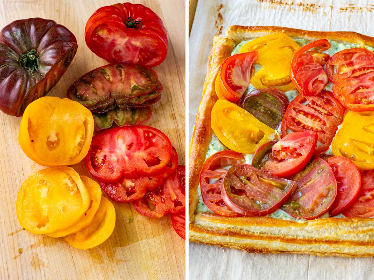 layering heirloom tomotoes on the tart