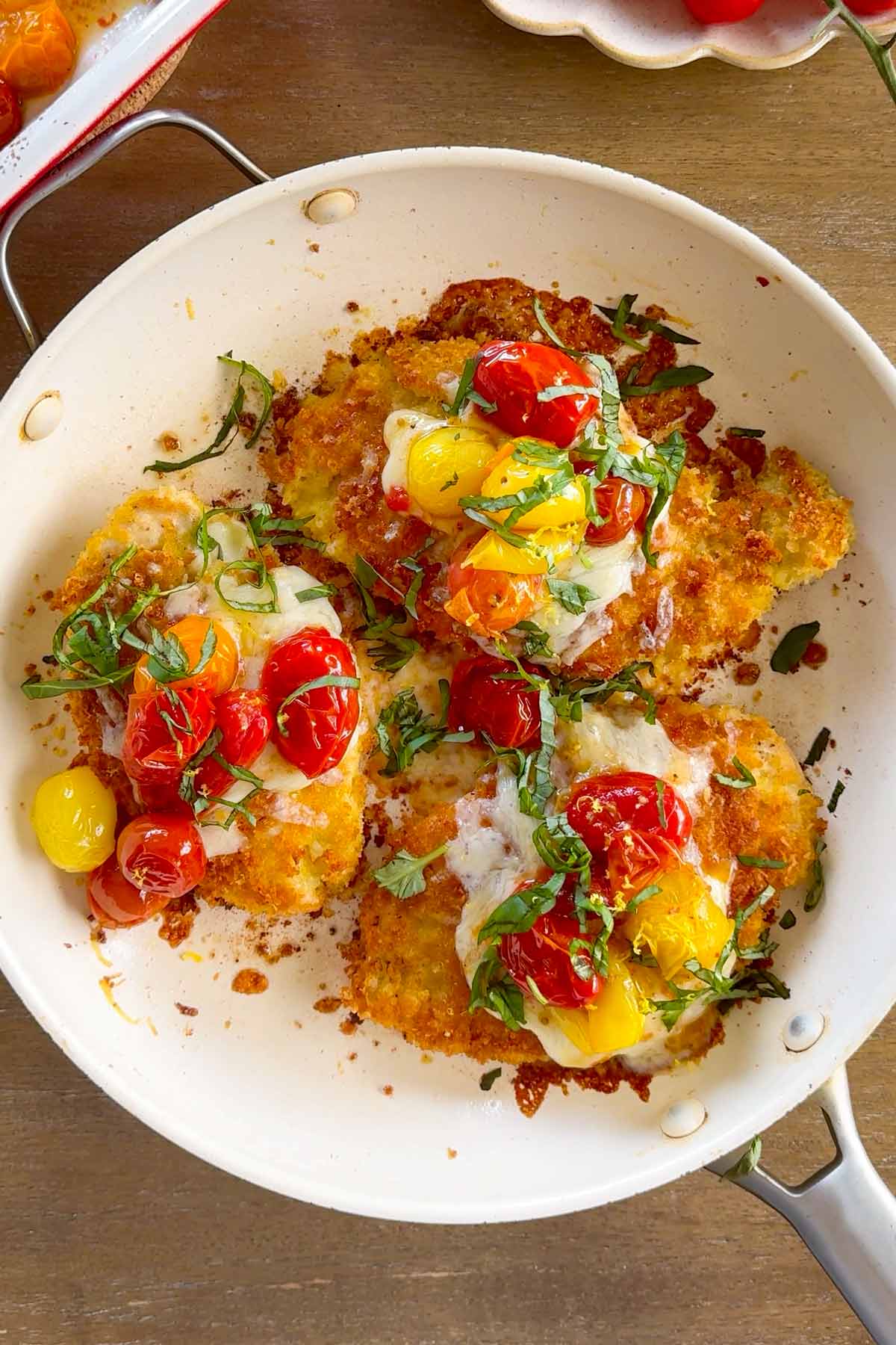 skillet summer chicken parmesan with heirloom cherry tomatoes