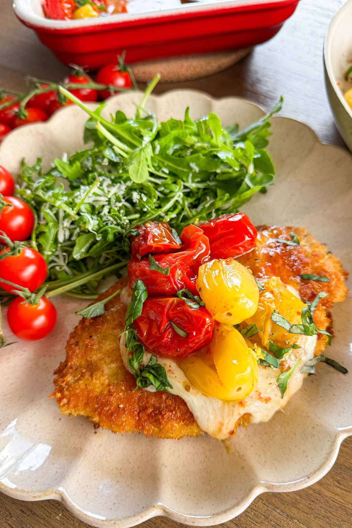 summer chicken parmesan with roasted heirloom tomatoes and greeens