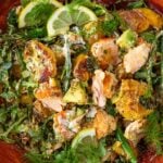 salmon potato salad for dinner in a bowl