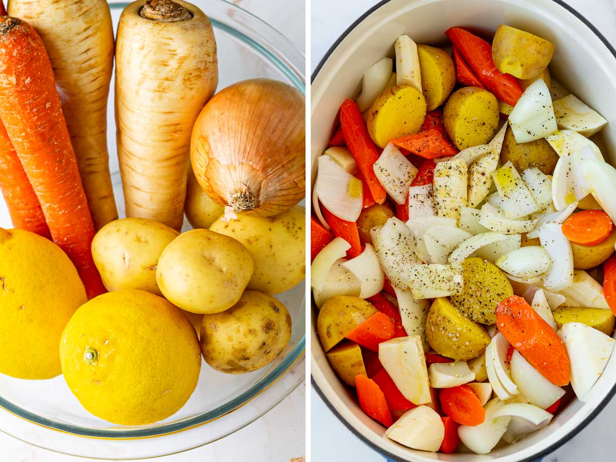 generous cut up vegetables arranged on a large oval dutch oven
