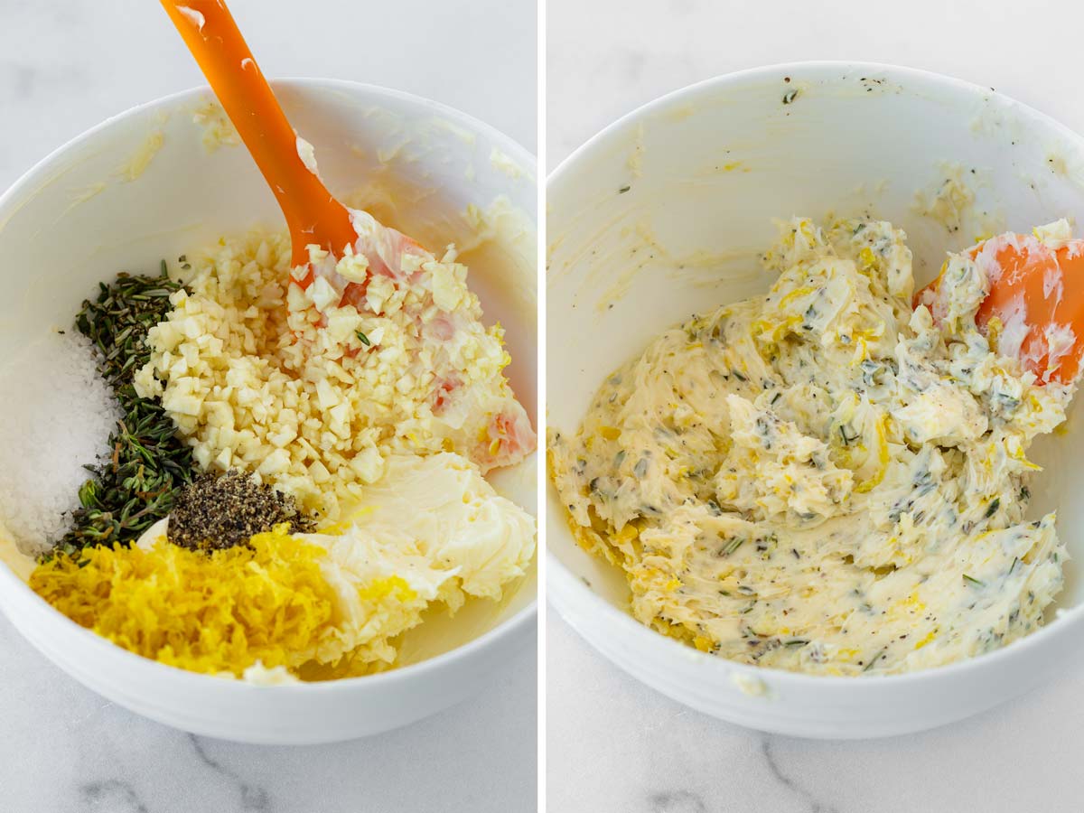 mixing the garlic herbed butter in a bowl