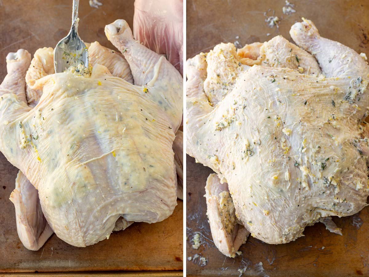 applying the butter rub under the skin and over the skin of the chicken