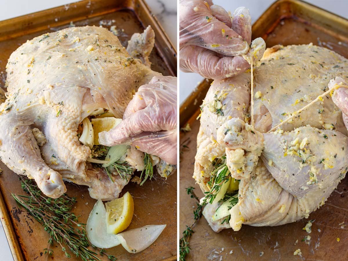 stuffing the cavity of the chicken and tying legs with kitchen twine