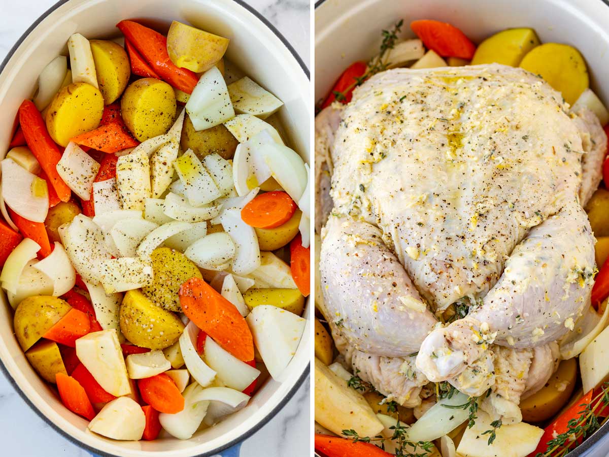 arranging the seasoned chicken on top of the vegetables in the dutch oven