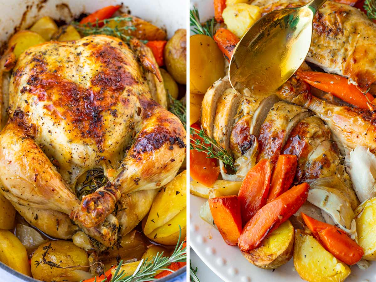 cooked dutch oven whole chicken on the left and sliced chicken on the right