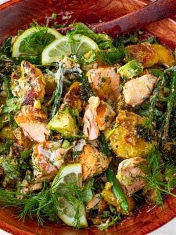 salmon potato salad with broccolini