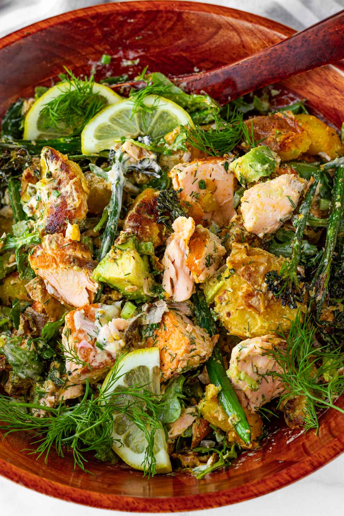 salmon potato salad with broccolini