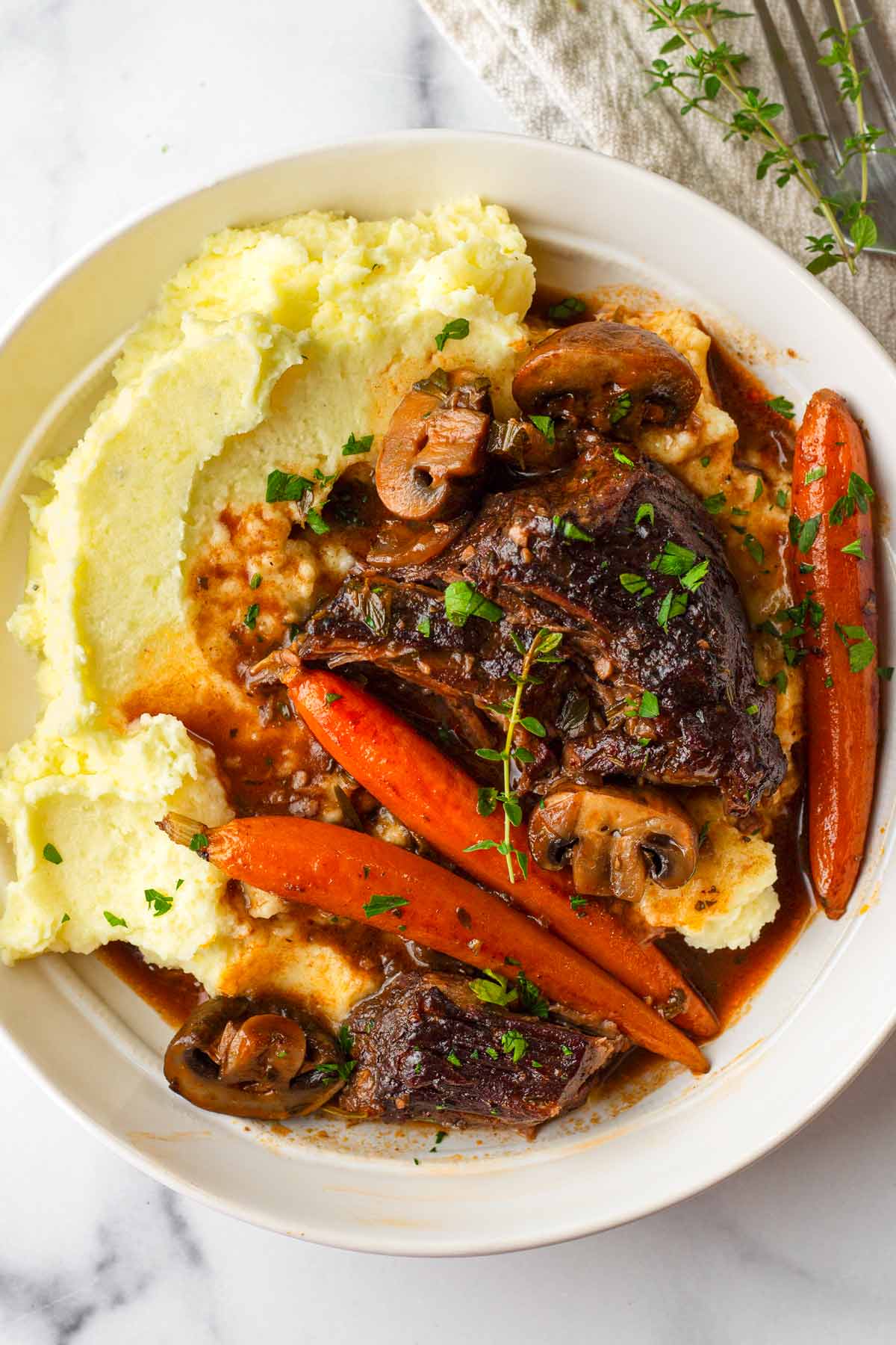 bowl with beef and mashed potatoes