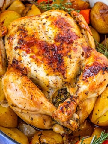 dutch oven whole chicken roasted on a bed of vegetables