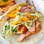 salmon tacos with mango coleslaw
