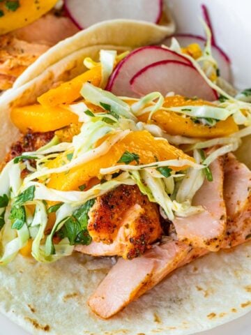 salmon tacos with mango coleslaw