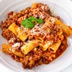 rigatoni bolognese in bowl