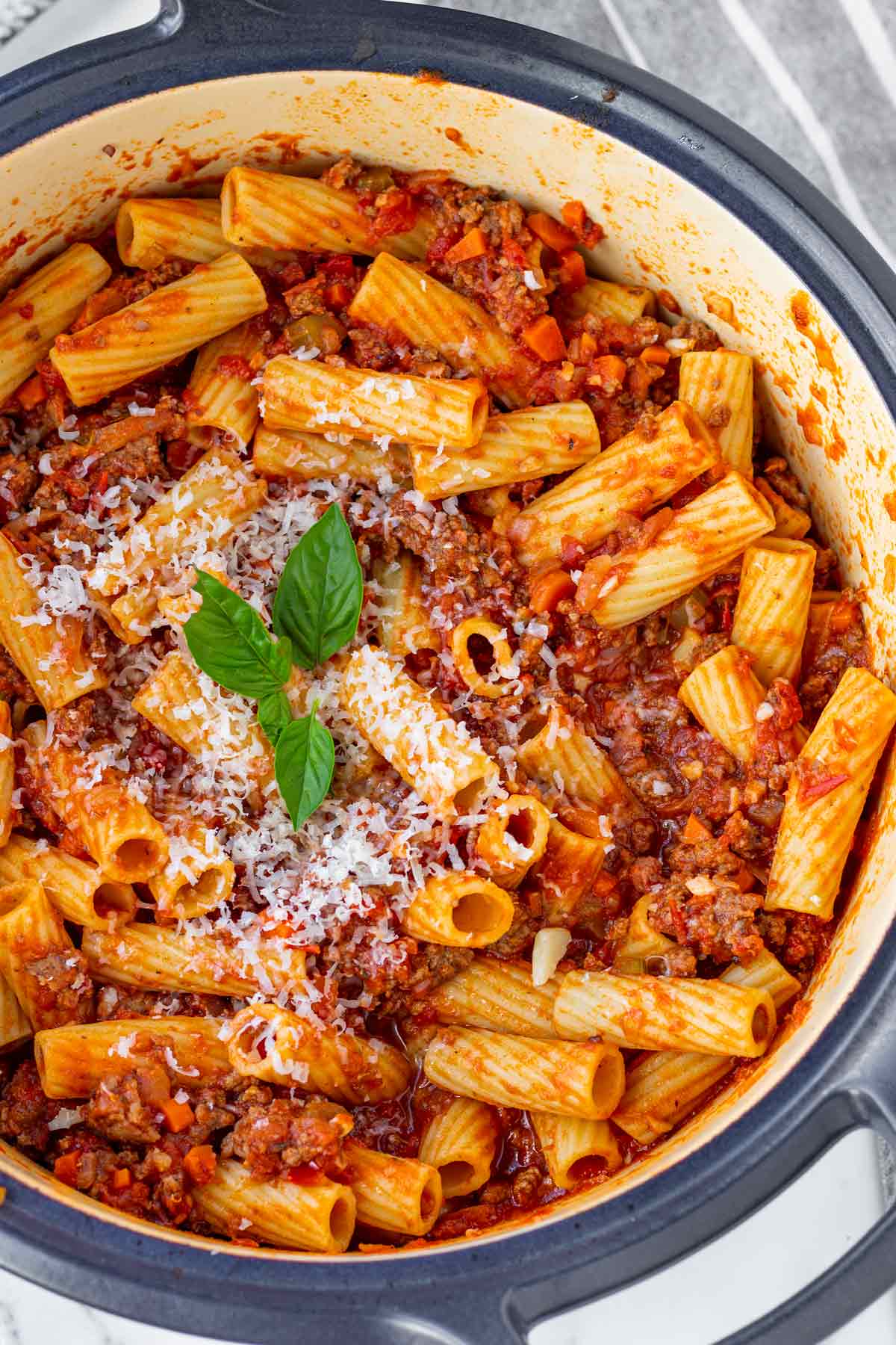 rigatoni simmered in a dutch oven