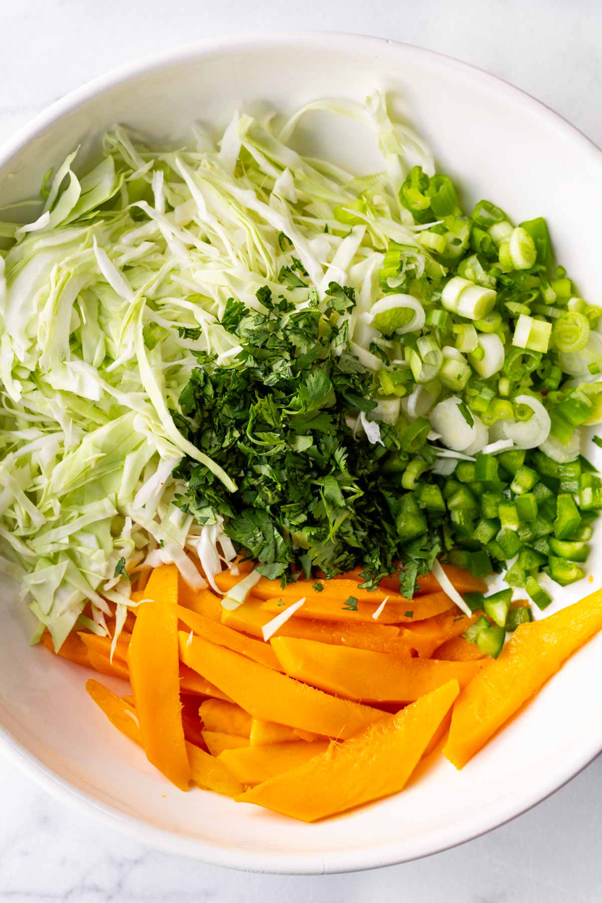 all the ingredients for the mango slaw in a bowl before mixing