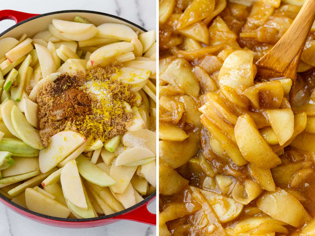 precooking the apple pie filling in a pan