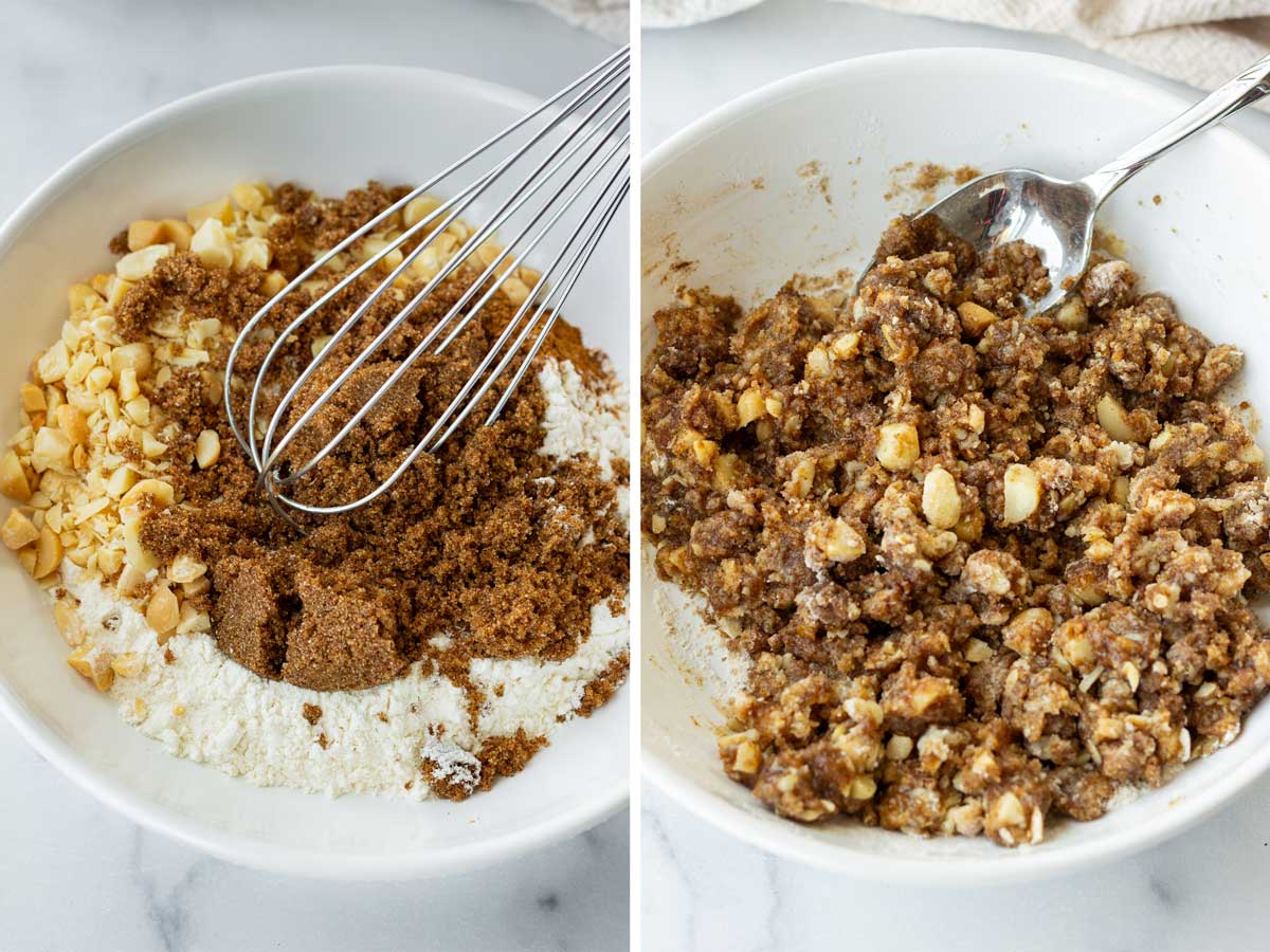 mixing the crumble topping in a bowl
