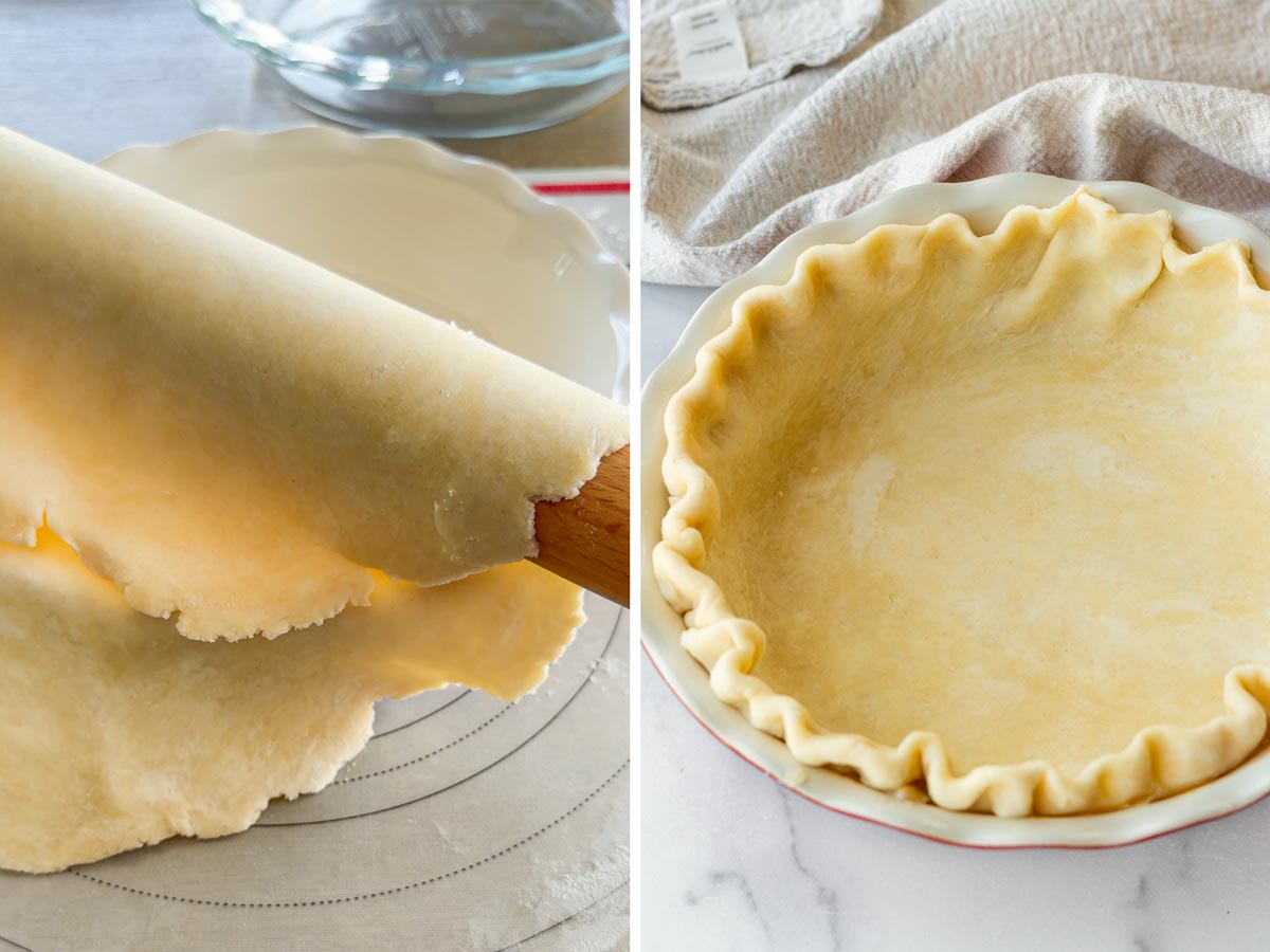 assembling the bottom pie crust in a pie pan