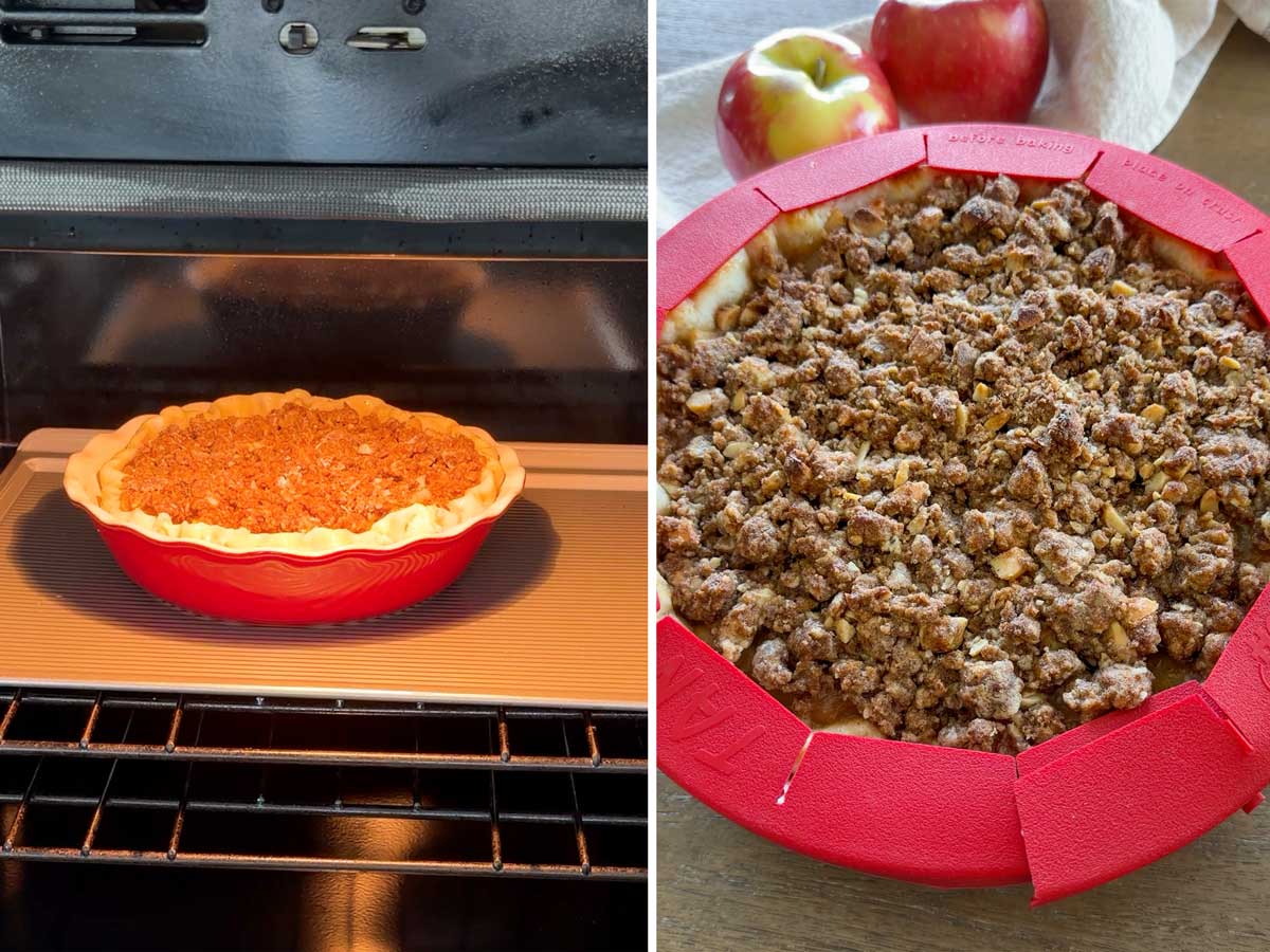 baking apple pie over hot sheet pan and placing the pie crust shield