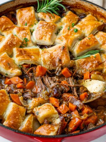 beef chuck roast pot pie in braising dutch oven pan