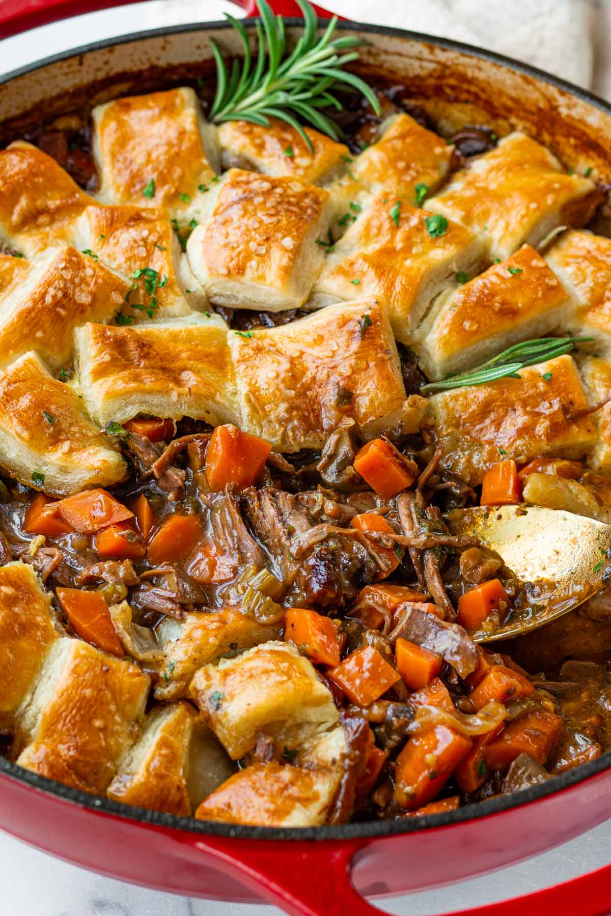 beef chuck roast pot pie in braising dutch oven pan