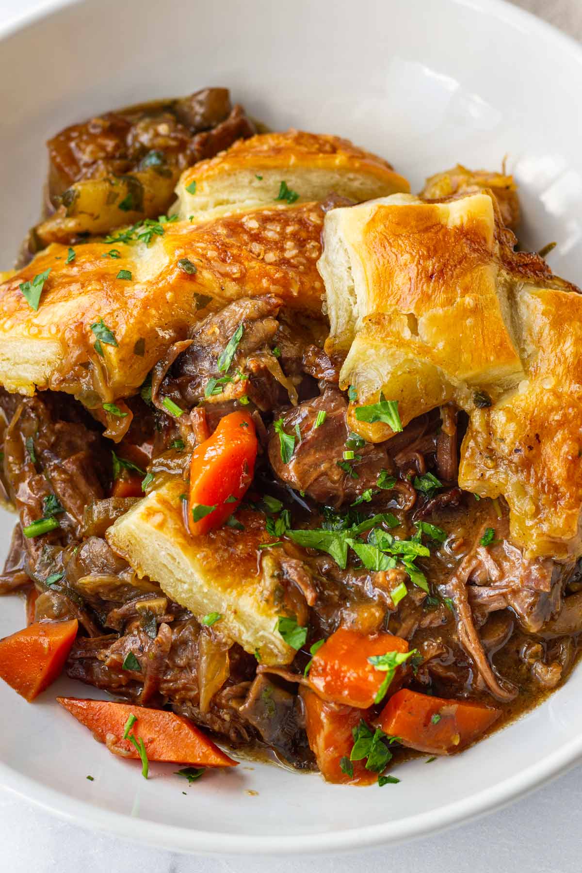 beef chuck roast pot pie serving on a plate