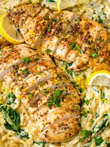 one pan lemon chicken orzo with spinach and creamy sauce